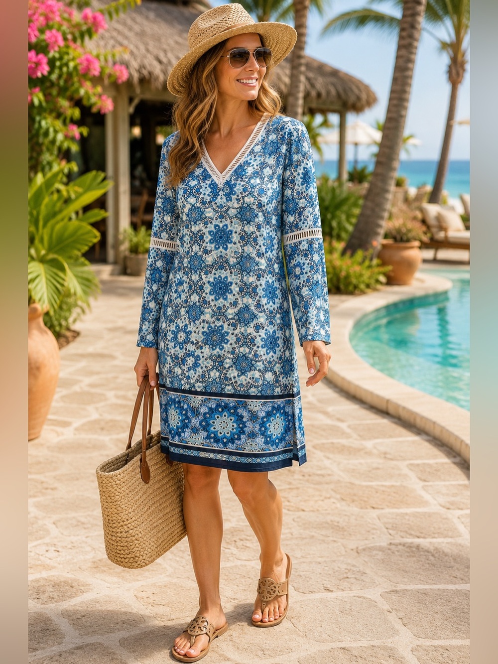 Loveappella Blue Medallion Print V-Neck Shift Dress Large Boho Crochet Trim